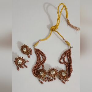 Vintage antique Chinese Goldstone set earrings necklace adjustable rhinestones